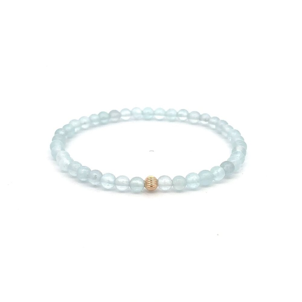 Gemstones Aquamarine Mini 4mm Stretchable Bracelet 14k Gold Bead Corrugated - Picture 1 of 6